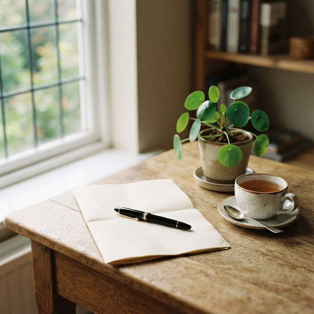 A warm writing desk with a folded document and fountain pen in soft morning light